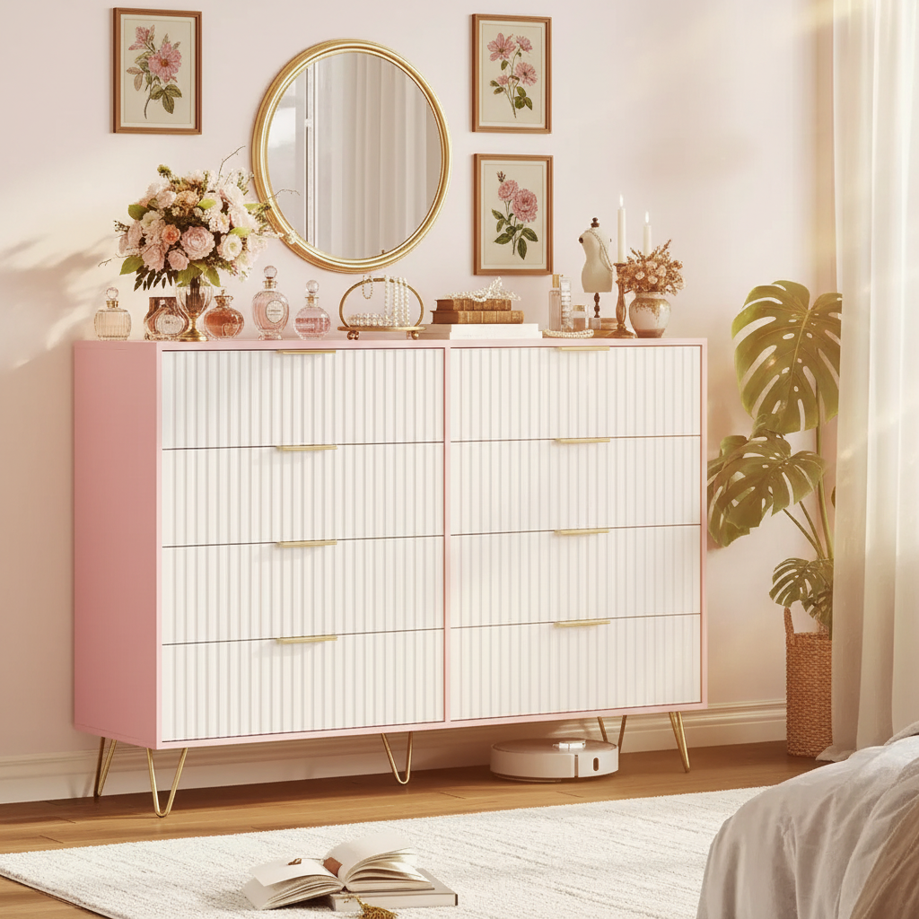 Commode moderne en bois avec poignées métalliques