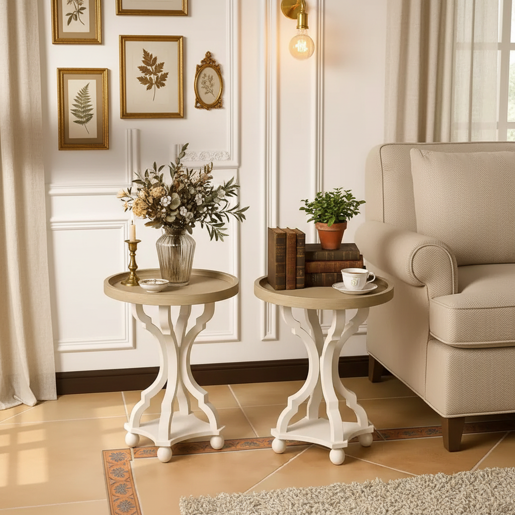 Table d'appoint ronde avec plateau de style rustique en bois