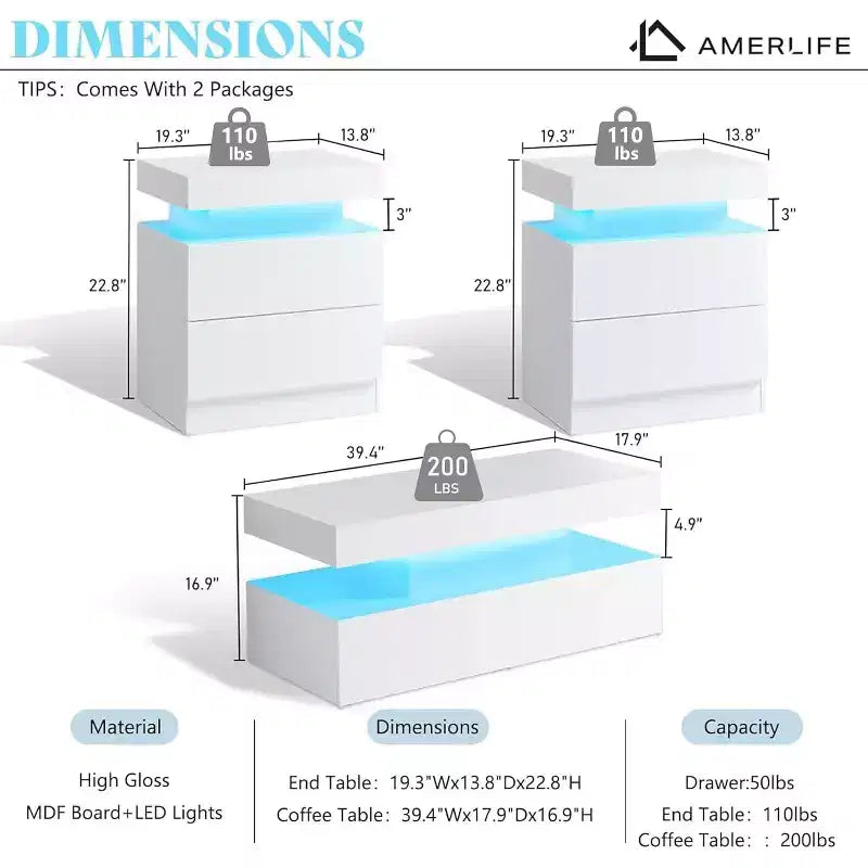 Table de salon moderne laquée avec éclairage LED
