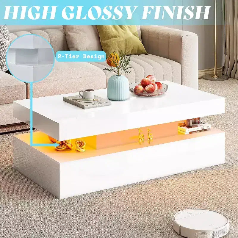 Table de salon moderne laquée avec éclairage LED