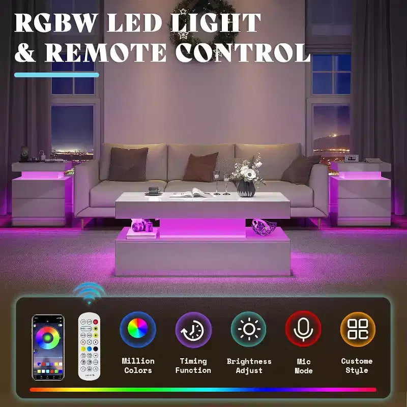 Table de salon moderne laquée avec éclairage LED