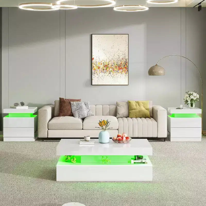 Table de salon moderne laquée avec éclairage LED