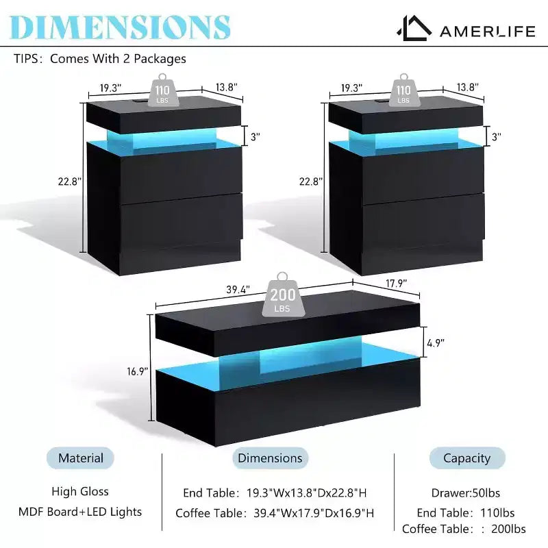 Table de salon moderne laquée avec éclairage LED