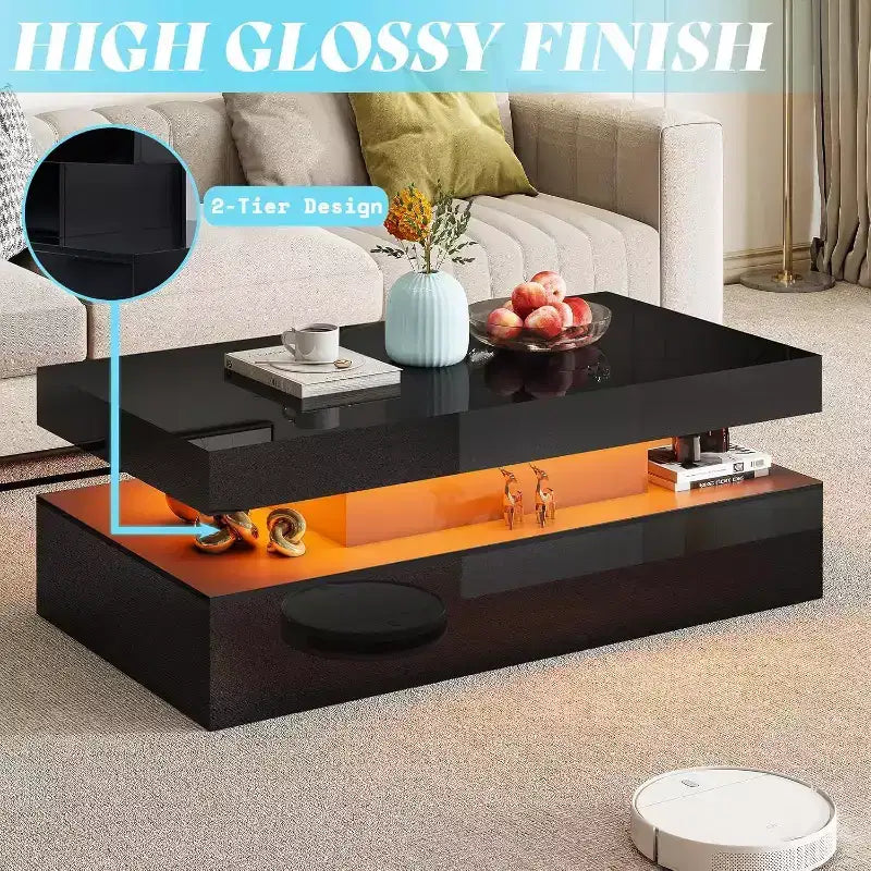 Table de salon moderne laquée avec éclairage LED
