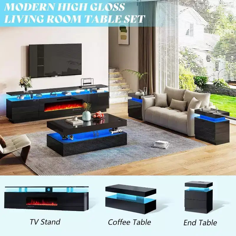 Table de salon moderne laquée avec éclairage LED