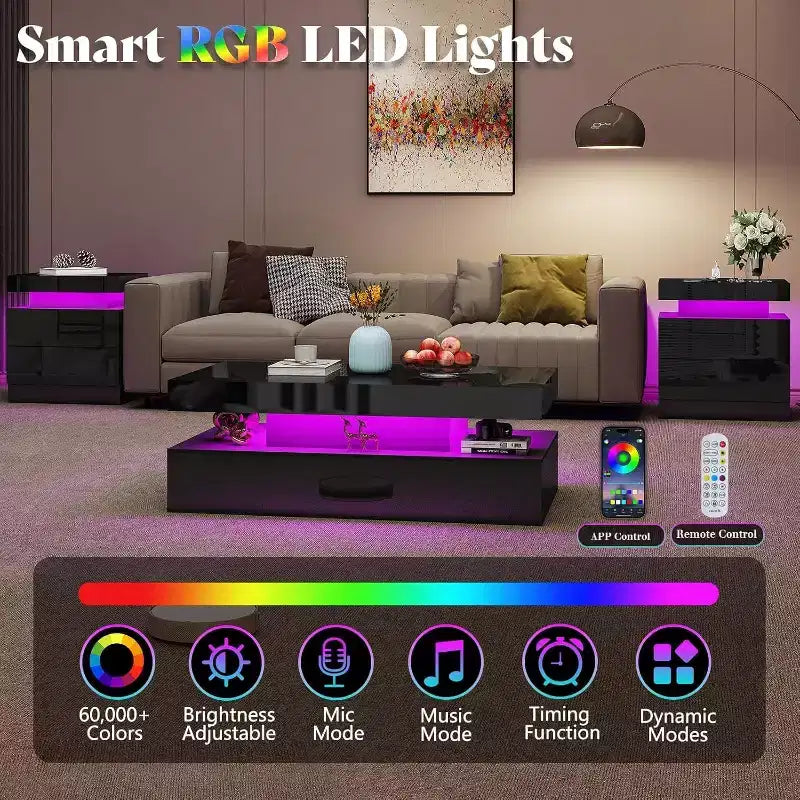 Table de salon moderne laquée avec éclairage LED
