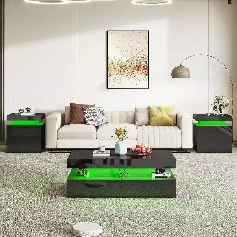 Table de salon moderne laquée avec éclairage LED
