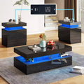 AMERLIFE 3 Pieces Modern High Gloss Living Room Table Set with LED Light and Storage 2 End Side Tables with Charging Station for Living Room