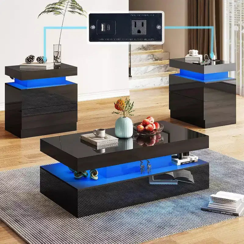 AMERLIFE 3 Pieces Modern High Gloss Living Room Table Set with LED Light and Storage 2 End Side Tables with Charging Station for Living Room