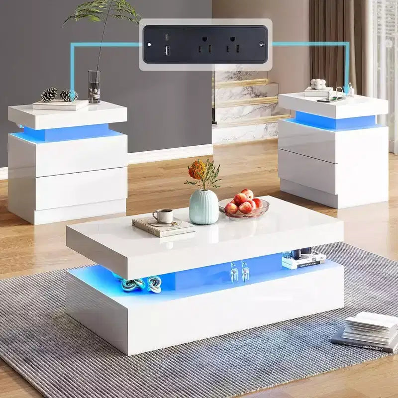 Table de salon moderne laquée avec éclairage LED