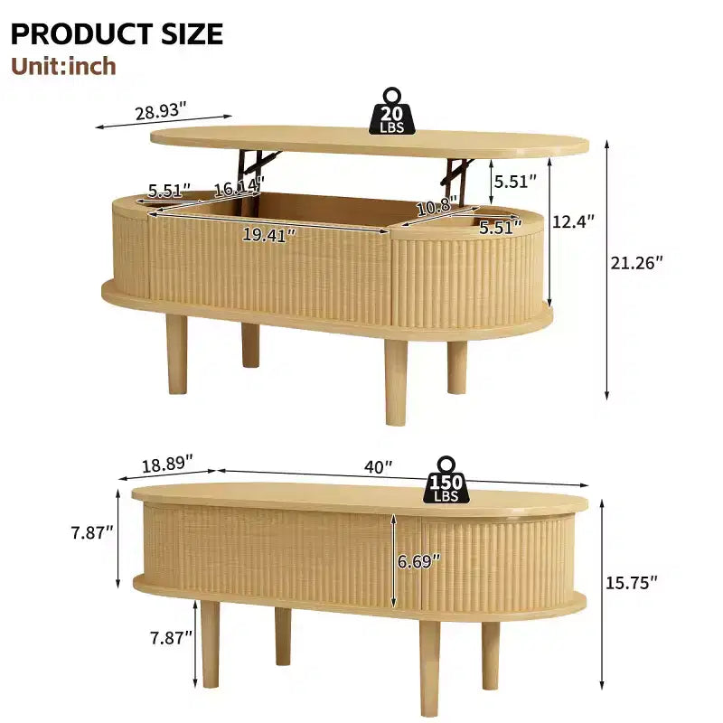 Table basse ovale relevable moderne avec rangement dissimulé