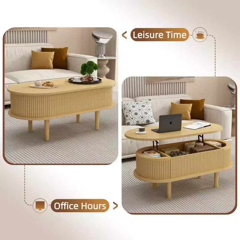Table basse ovale relevable moderne avec rangement dissimulé