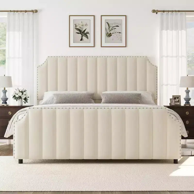 California King Velvet Bed Frame with 50.2 Vertical Channel Tufted Headboard & Footboard Nailhead Trim Upholstered Platform Bed