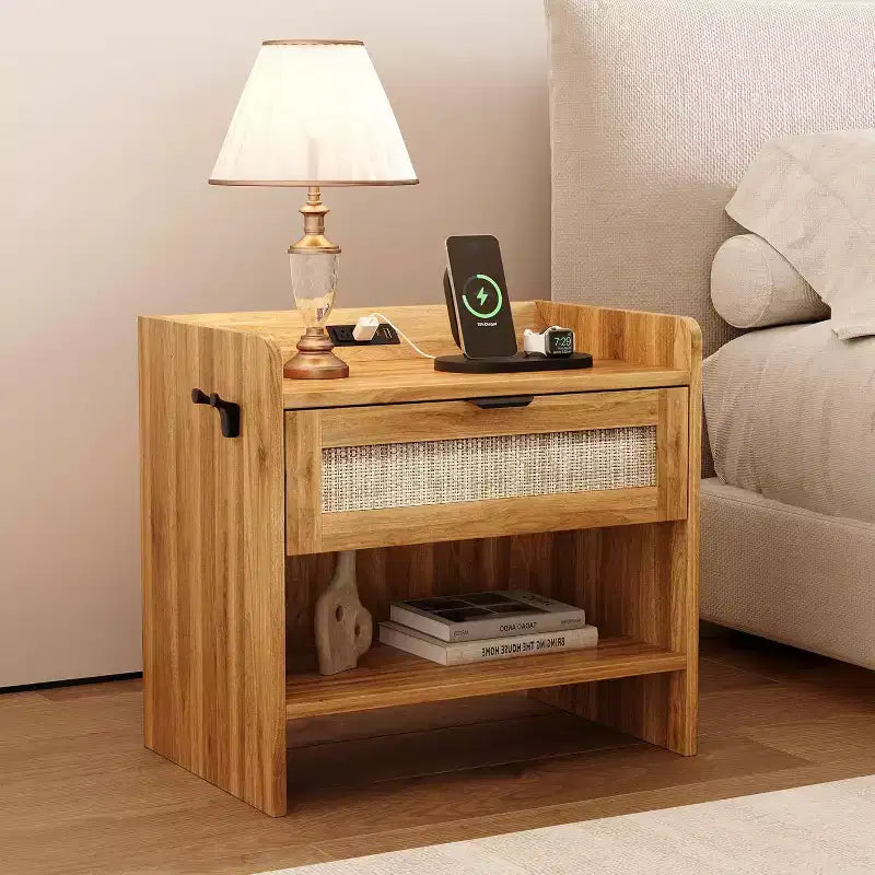Rattan Nightstand Bedside Table 1 Storage Drawer & Open Storage Space Boho End Table Side Table for Bedroom Living Room Office Large Night Stand