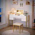 Makeup Vanity Desk with Lights and Stool Vanity Desk with Flip Top and Mirror Vanity Desk with Center Cabinet and 4 Drawers 3 Lighting Modes Gold