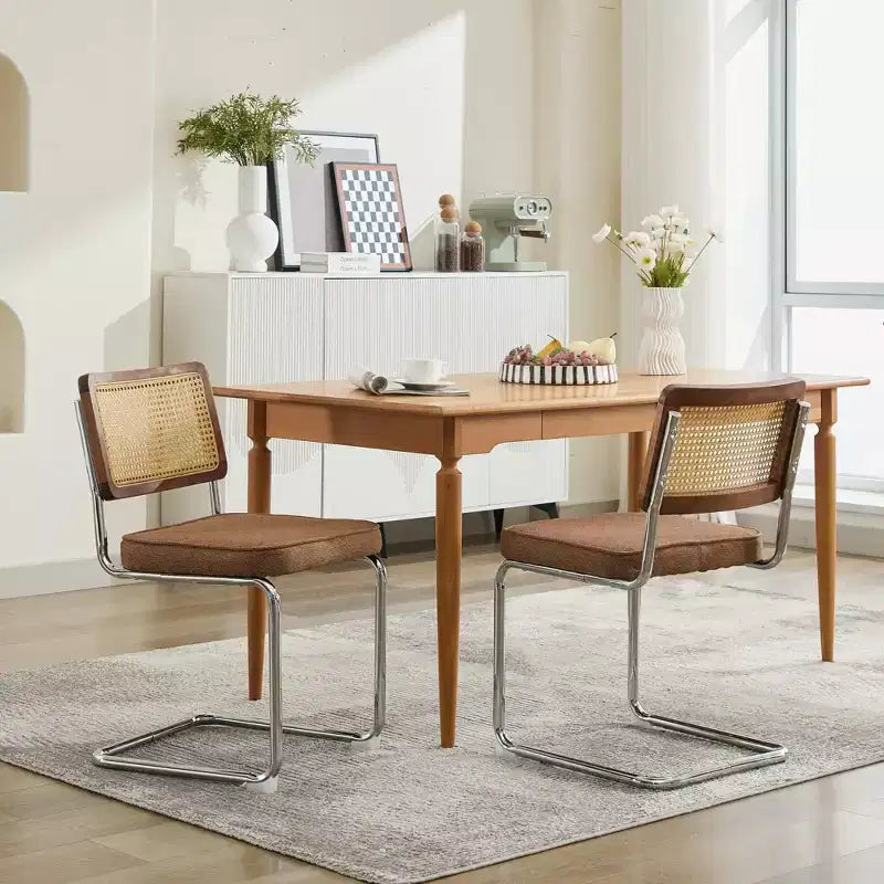 TUYOHW 2Pcs Modern Dining Chairs Soft Linen Dining Room Chairs Sturdy Side Chairs with Stainless Chrome Base & Rattan Back 360lbs Capacity