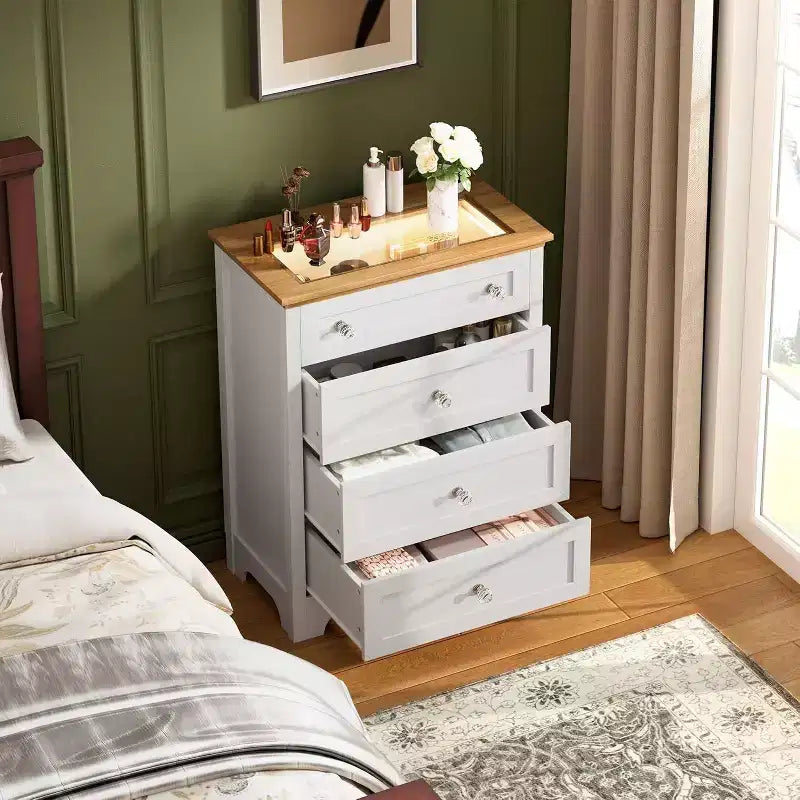 Acekool 4 Drawer Nightstand Cabinet with Glass Top Modern Dresser for Bedroom Living Room Entryway