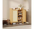Rattan Shoe Storage Cabinet with Ventilated Rattan Doors & Wood Grain Warmth Adjustable Shelves for Flexible Storage