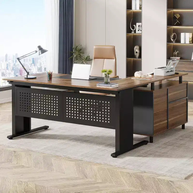 Lantine 63 Inch Executive Desk with File Cabinet Large Office Desk L Shaped Computer Desk with Drawers for Home Office Brown and Black
