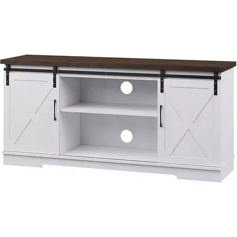 Farmhouse TV Stand for Televisions up to 65 Inches Entertainment Center with Sliding Barn Doors Storage CabinetsAdjustable White & Brown