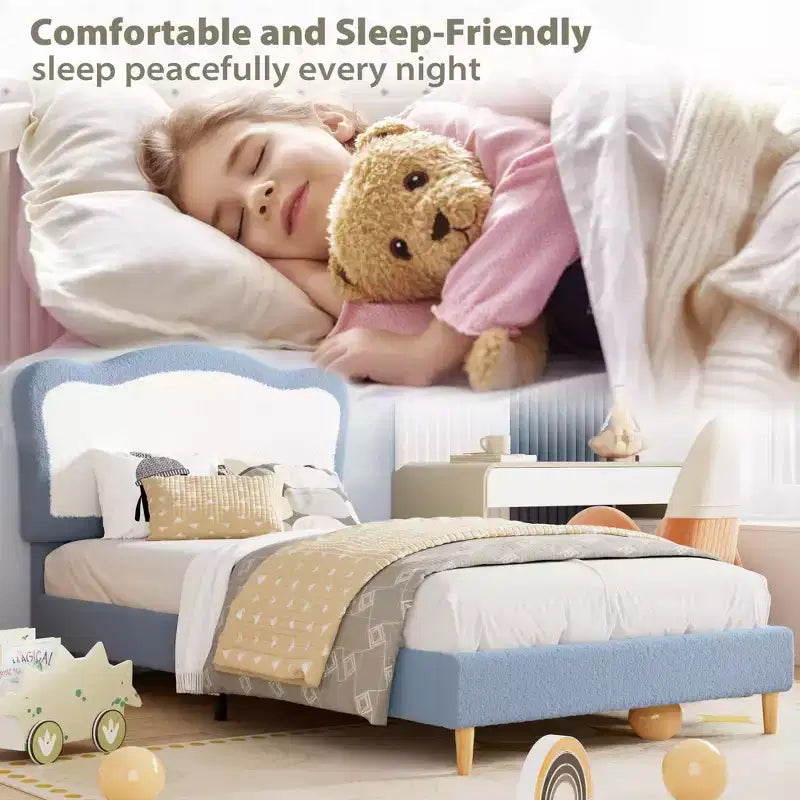 Upholstered Bed Frame for Kids with Scallop Headboard Cute Velvet Twin Bed for Girls Boys Sturdy Platform Bed No Box Spring Needed Noise Free