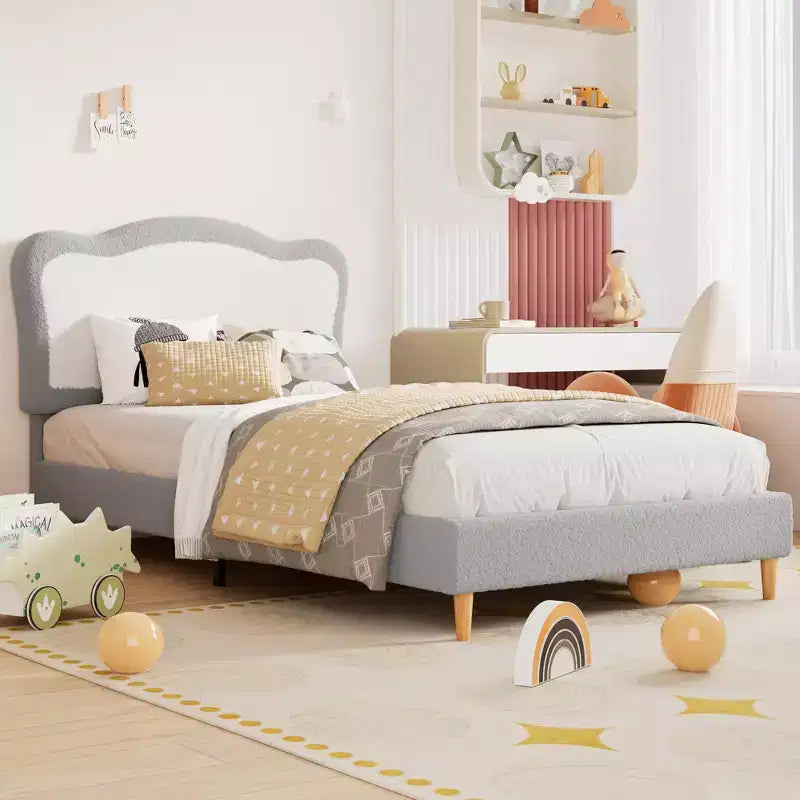 Coolmee Magic Ring Full Berber-Fleece Bed 350 lb Solid-Wood Legs Velcro MDF Slats Noise-Free Tool-Free Assembly for Kids Gray