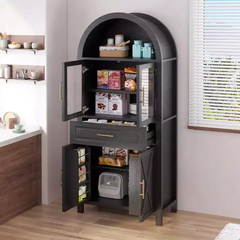 71 Tall Arched Glass Door Kitchen Pantry Cabinet Freestanding Display Storage Cabinet for Kitchen Dining Room or Living Room-Panipeachy