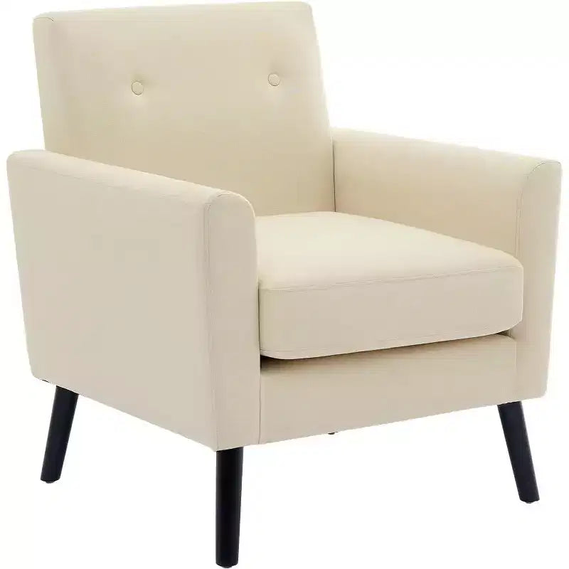 Modern Accent Chair with Linen Fabric Upholstered Single Sofa Chair with Wood Legs & Thick Cushion White Comfy Reading Armchair