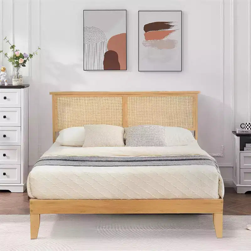 Acekool Twin Rattan Bed Frame Boho Platform Bed with Natural Rattan Headboard & Underbed Storage No Box Spring Needed