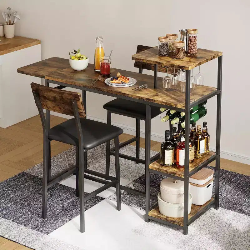 Acekool Expandable Dining Table Set for 2 with Storage Shelves and Wine Rack 3 Piece Space-Saving Bar Table and Chairs