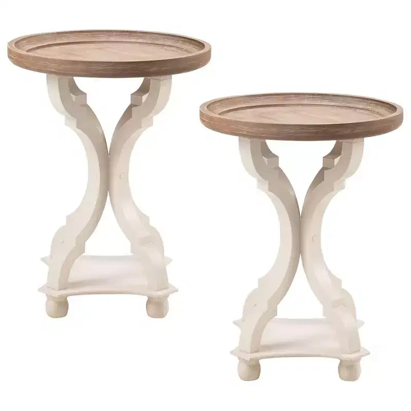COZAYH Round Rustic Wood Accent Tray Top Nightstand Side Table White Set of 2
