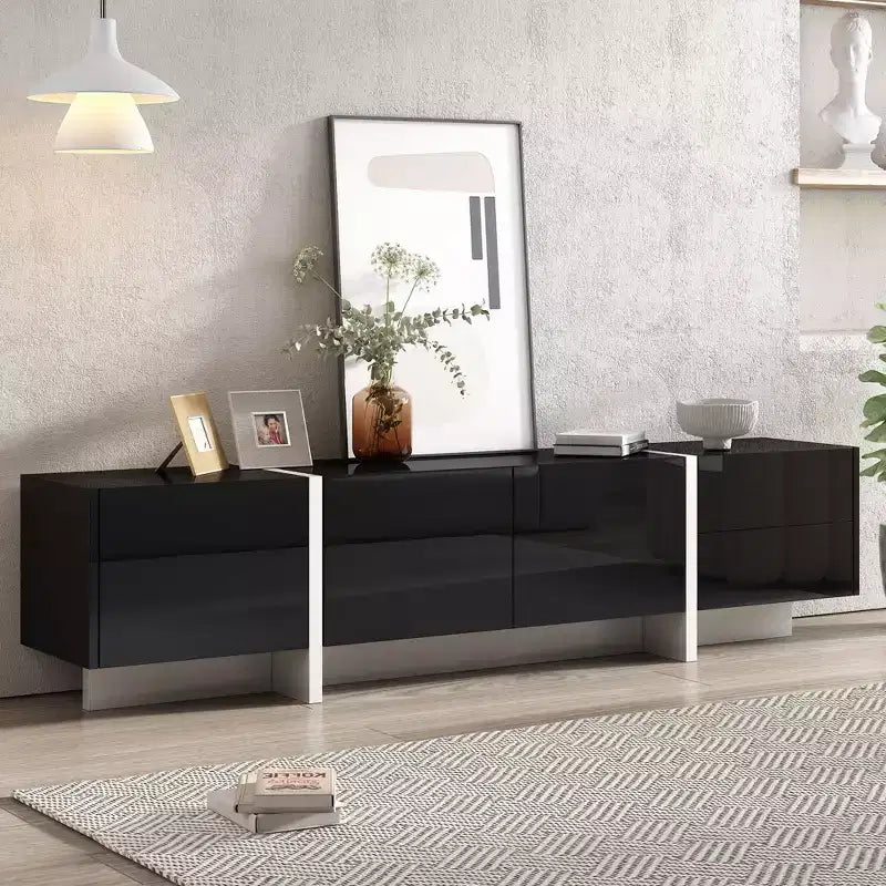 TUYOHW Modern TV Stand with High Gloss UV Surface for TVs up to 80 Inches Entertainment Center with 3 Cabinets and 2 Drawers Black