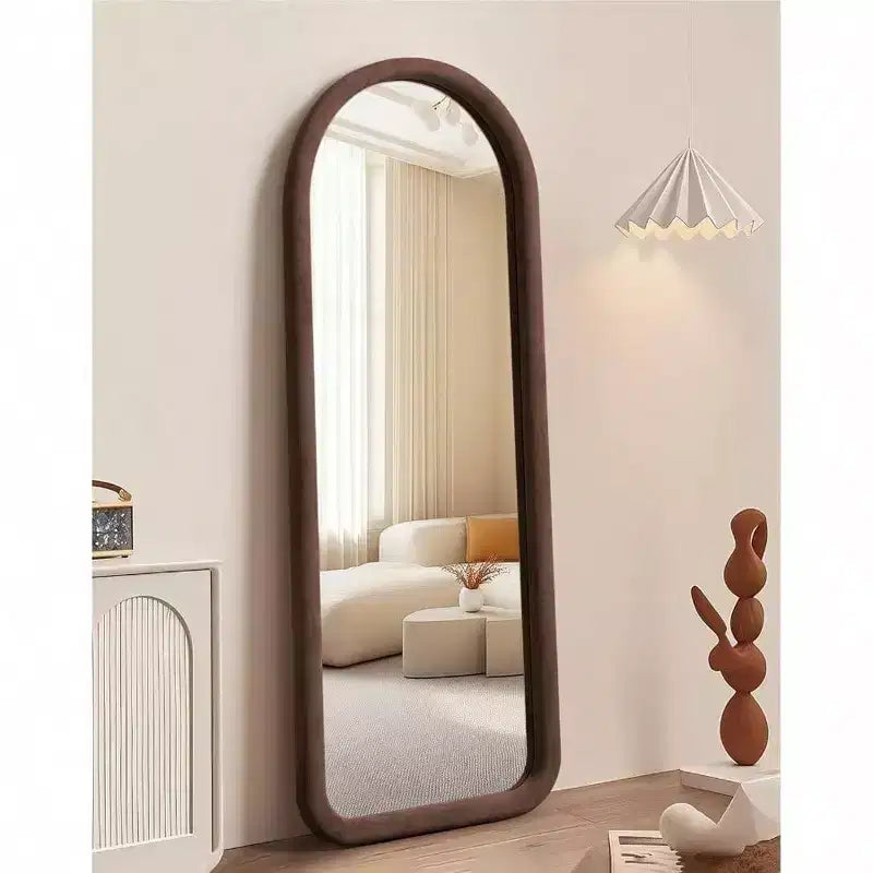 Arched Full Length Mirror with Plush Frame in Dark Brown. Freestanding Ideal for Leaning or Hanging as Soft Decor