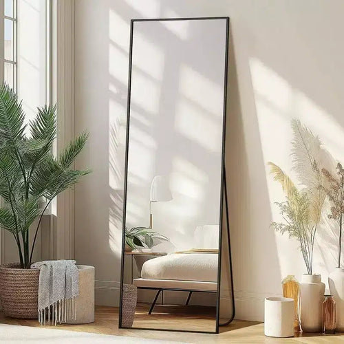 56x15 Black Full Length Mirror - Aluminum Frame & Stand. For Wall Door Bedroom Bathroom or Living Room