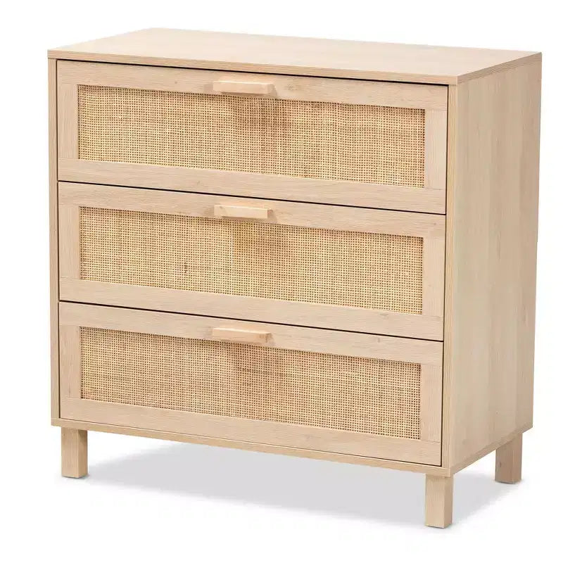 Baxton Studio Sebille Wood with Natural Rattan 3 Drawer Storage Chest Light Brown : Bohemian Style Particle Board Frame